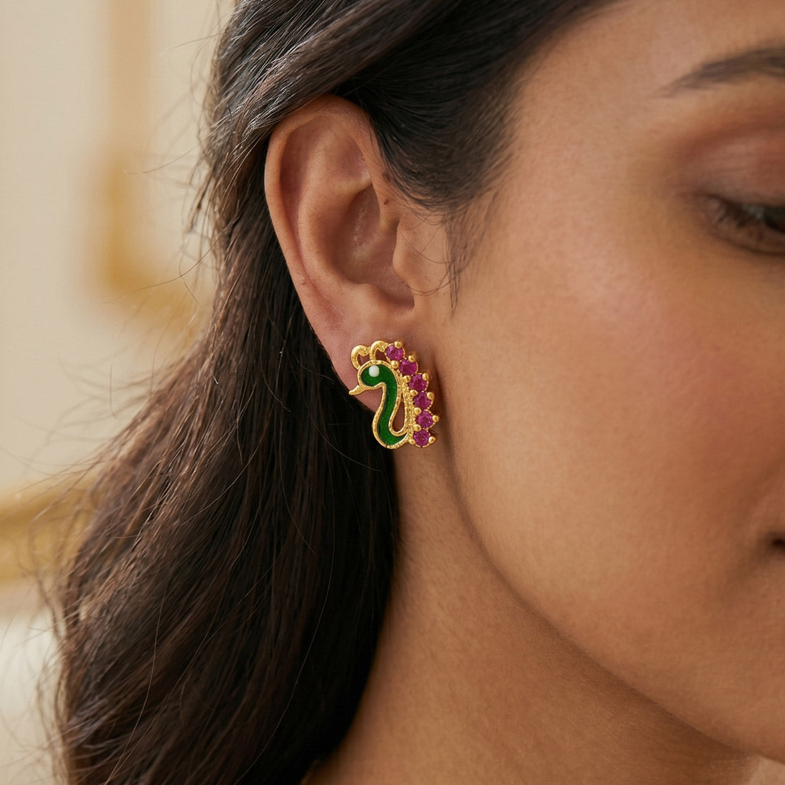 Gold Plated Enamel Peacock Design Stone Ear Studs - Ruby