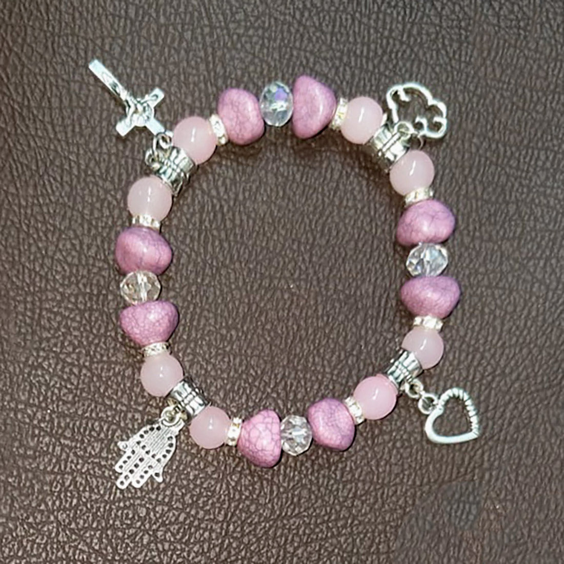 Pink-Crystal-Beaded-Silver-Charms-Bracelet