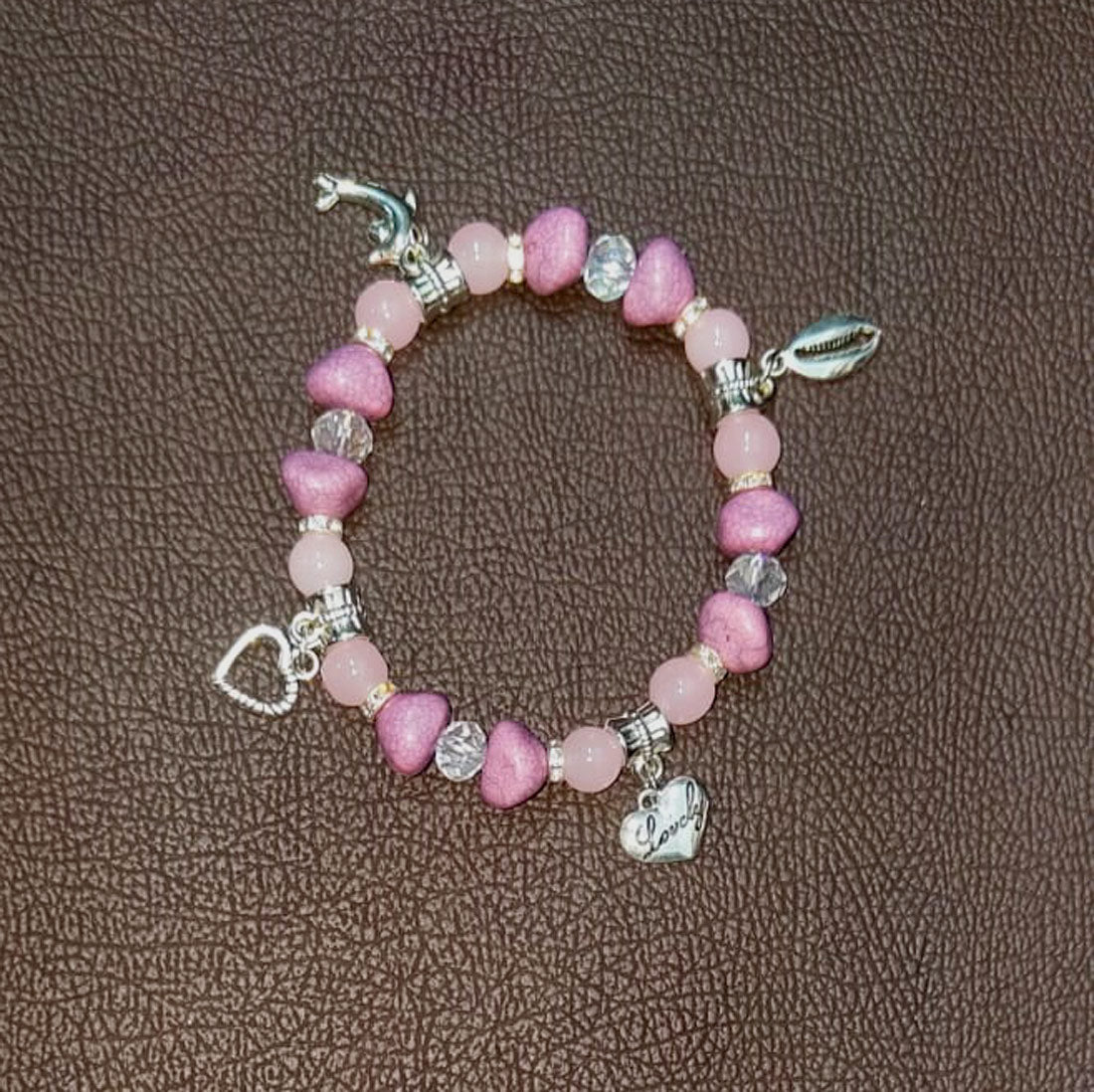 Pink-Crystal-Beaded-Silver-Charms-Bracelet
