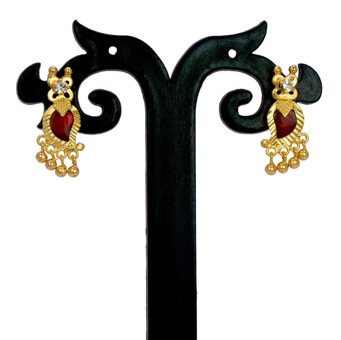 Premium Gold Plated Mango Beads Hanging Ear Studs_Red