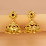 Red Stone Gold Plated Big Jhumka Earrings featuring intricate designs and deep red stones, perfect for a bold statement.