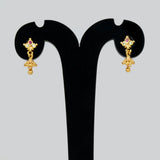 Ruby CZ Stone Small Kids Jhumka earrings with gold floral studs and miniature jhumka bells.