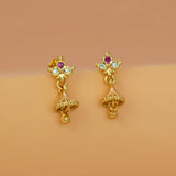 Ruby CZ Stone Small Kids Jhumka earrings featuring gold floral studs and dainty jhumka bells.