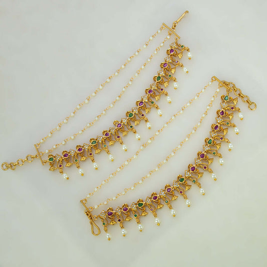 Ruby Emerald CZ Stone Pearl Ear Chain Matti