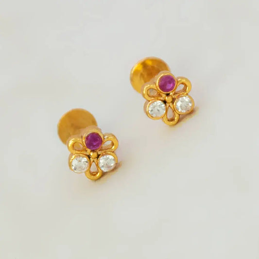 Simple Stone Flower Studs for Second Lobe & Kids featuring gold-plated floral design with sparkling stones.