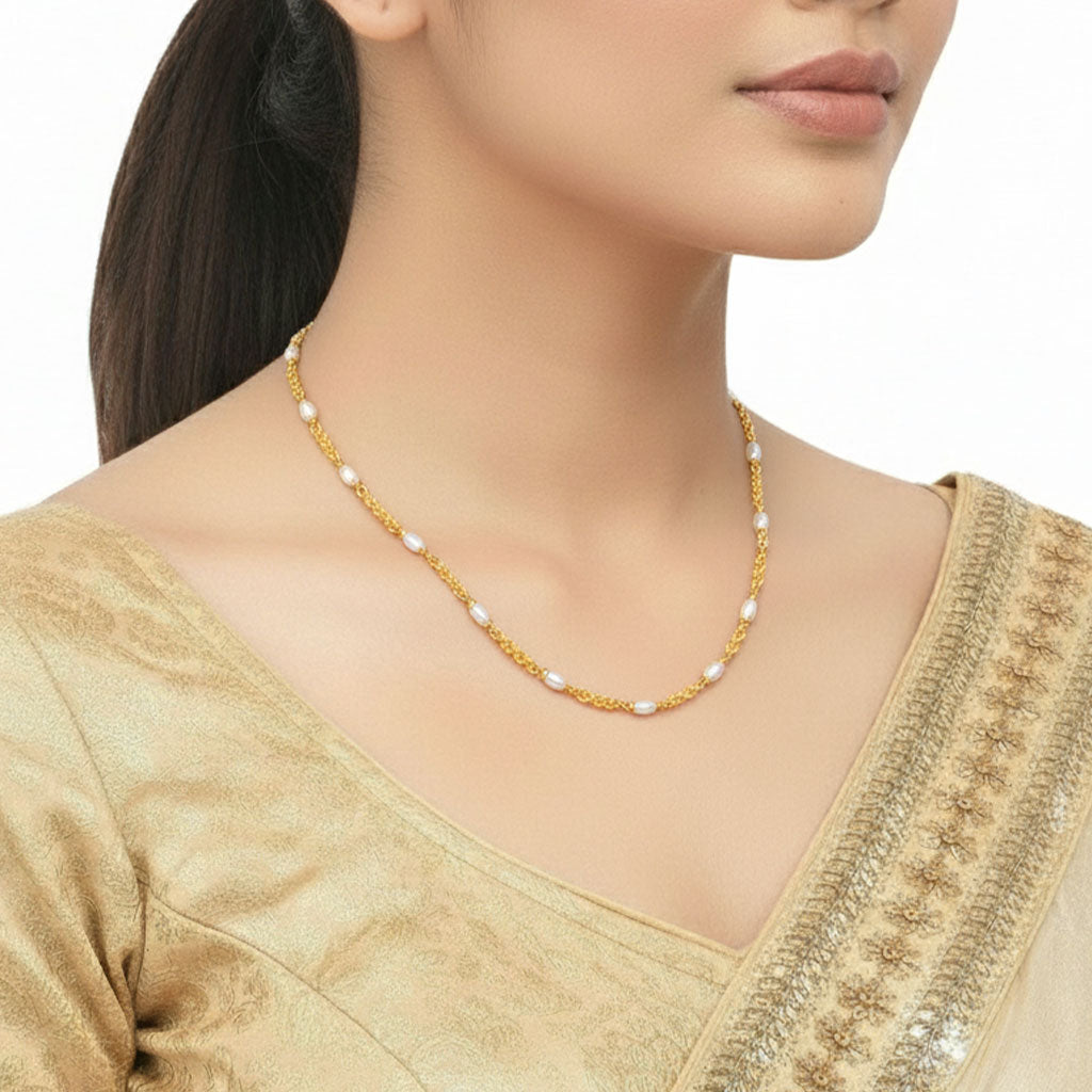 Simple Gold Plated Twisted Chain Pearl Mala