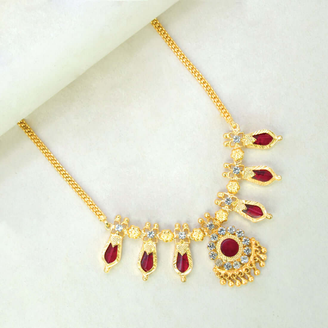 Small Gold Plated Nagapadam Necklace for Girls - 3 Stones Red