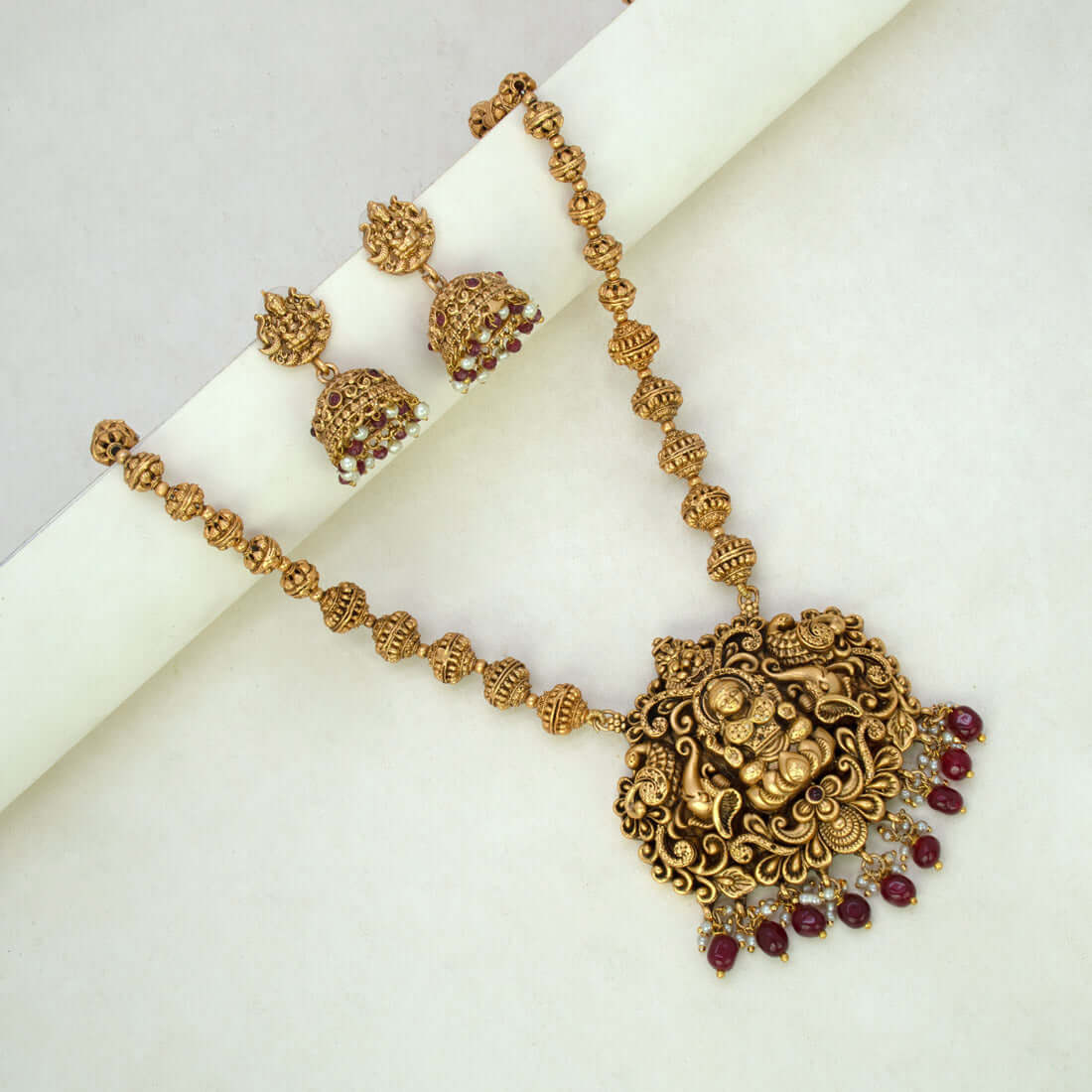 South Indian Matte Lakshmi Peacock Ball Chain Pendant Set