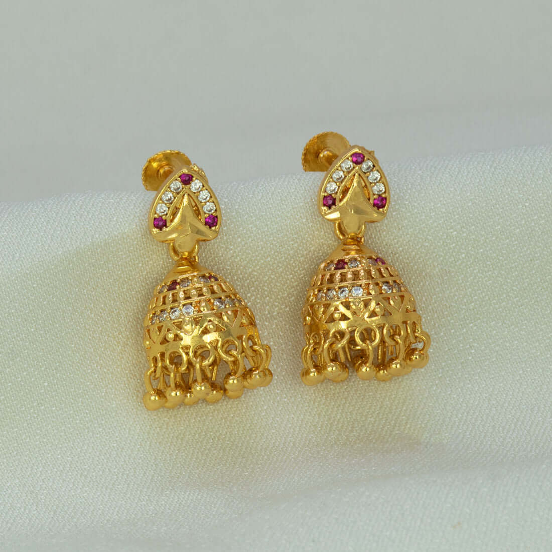 Gold Plated Spade Shape Ruby CZ Stone Jhumka Earrings