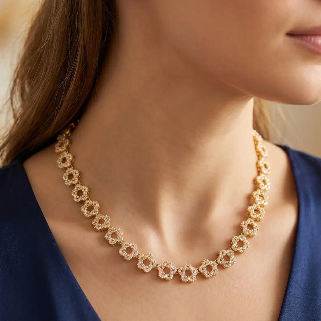 Gold Plated Star Design CZ Stone Necklace | Cubic Zirconia Statement Jewelry for Women, featuring dazzling star-shaped stones.