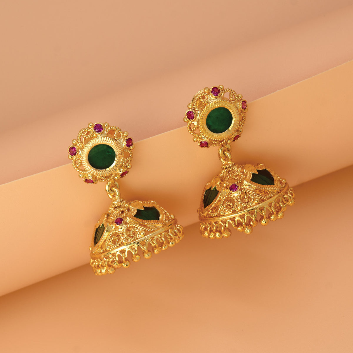 Stunning Gold Plated Ruby Palakka Jhumka Earrings