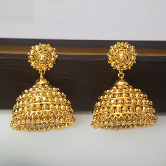 Big Golden Beads Design Bridal Umbrella Jhumka earrings featuring intricate beaded detailing and golden bead danglers.