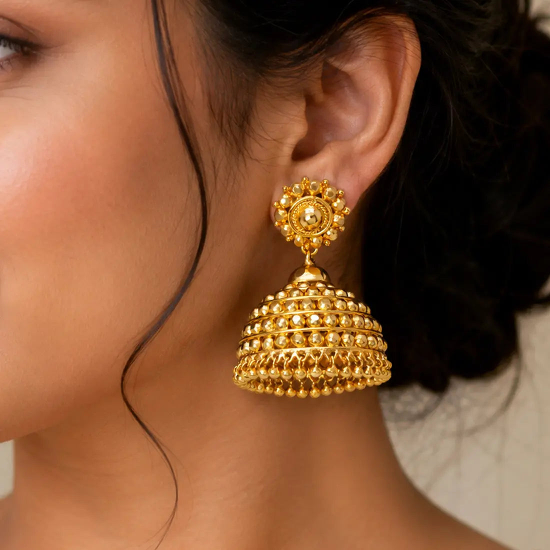 Big Golden Beads Design Bridal Umbrella Jhumka Earrings featuring intricate gold bead detailing and danglers.