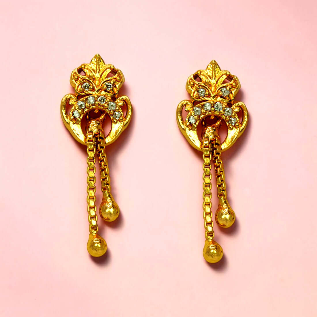 Stylish Gold Plated Box Chain Tassels Stone Earrings - CZ