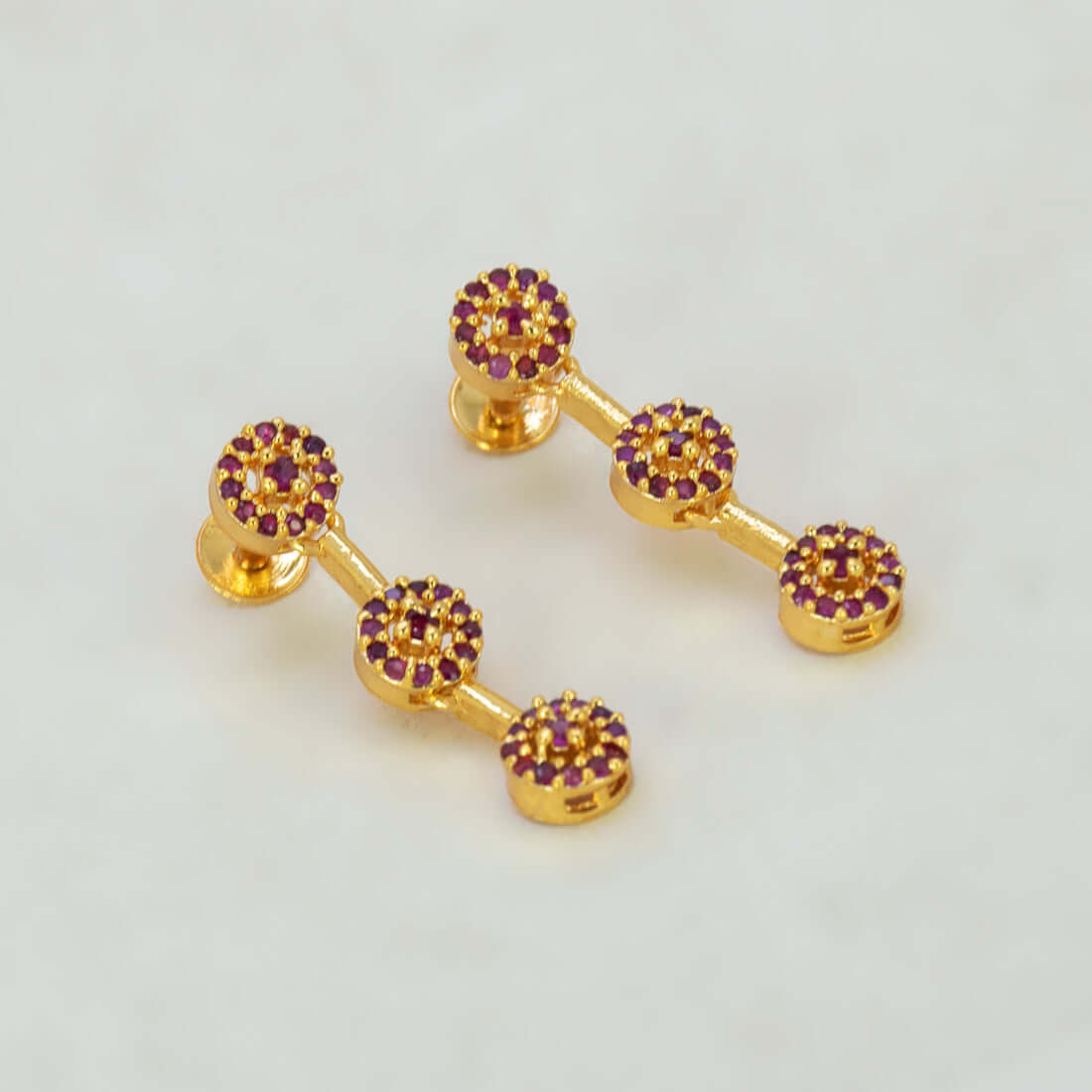 Stylish Gold-Plated Triple Floral Ruby Drop Earrings
