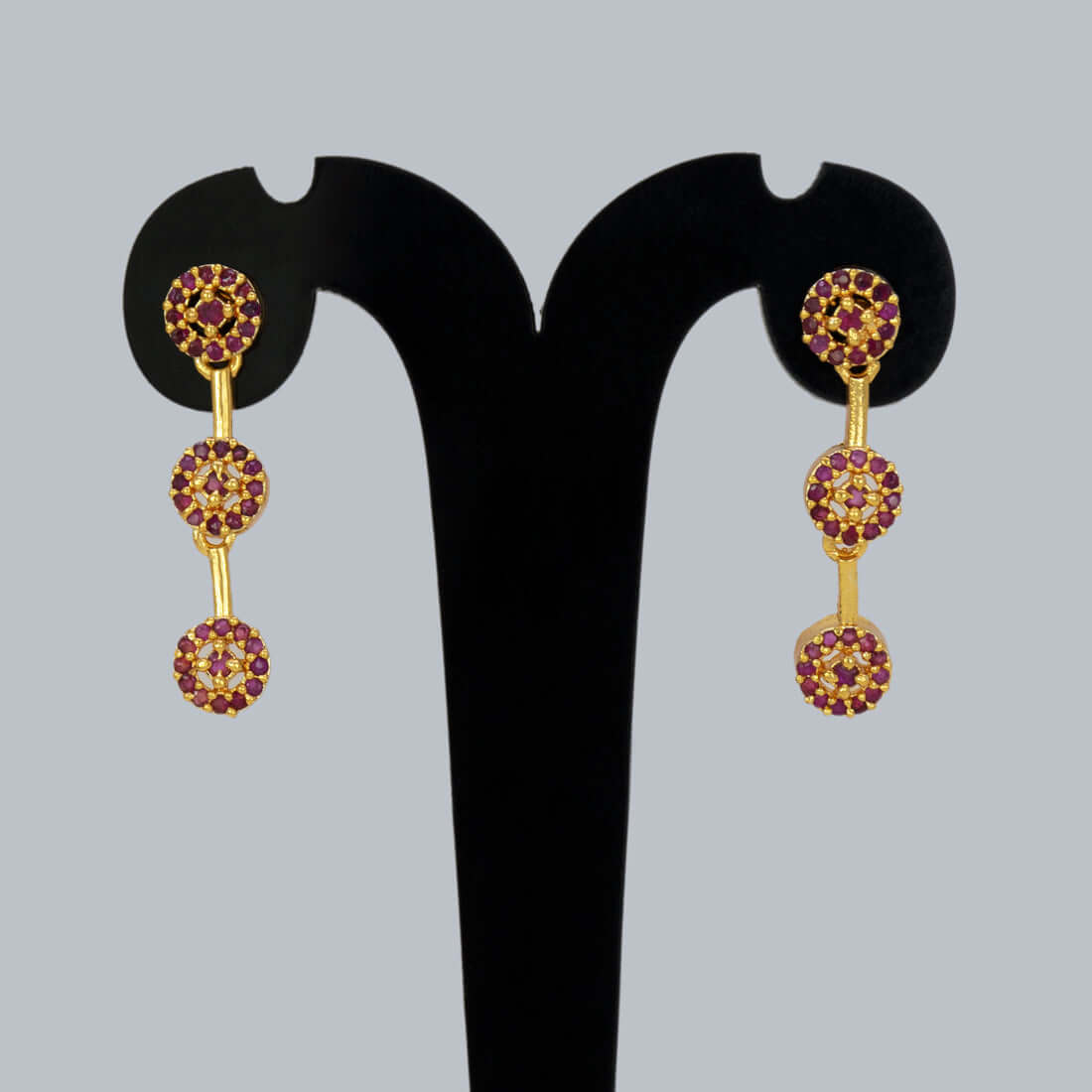 Stylish Gold-Plated Triple Floral Ruby Drop Earrings