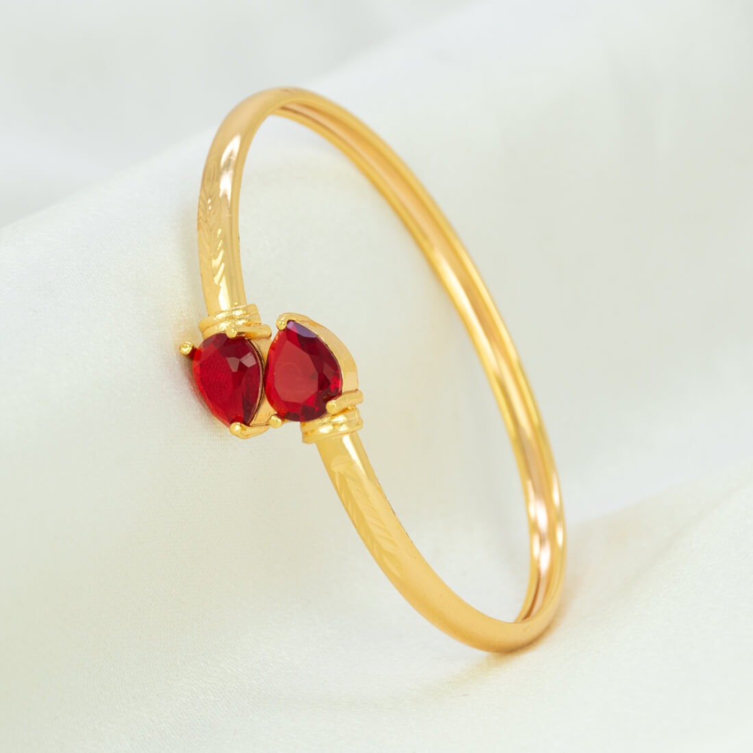 Gold Plated Dual Teardrop Stone Cuff Bangle - Red