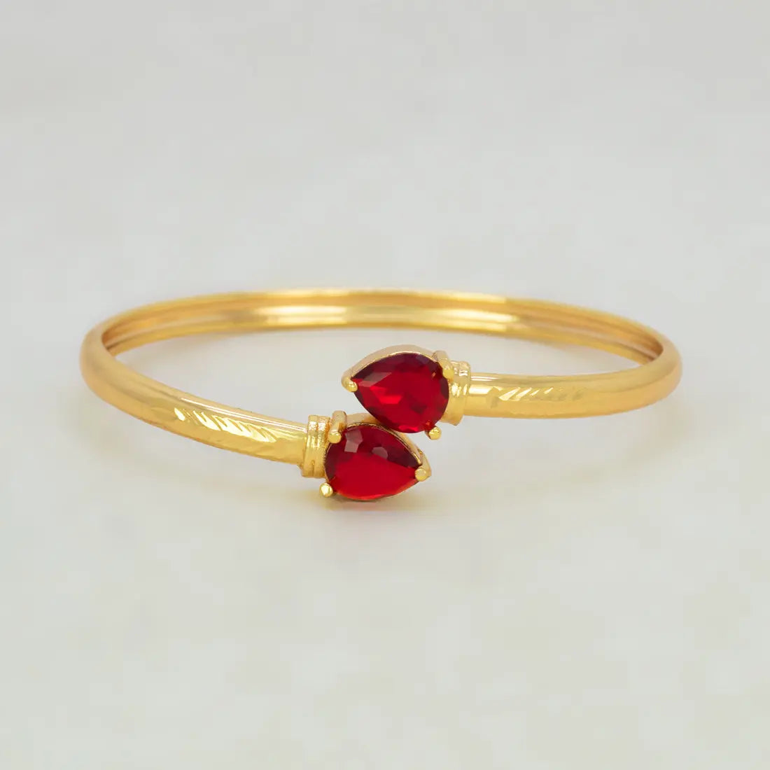 Gold Plated Dual Teardrop Stone Cuff Bangle - Red