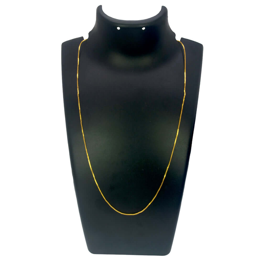 Gold Plated Nice Kilukkam Box Chain - 18" displayed on a black jewelry stand.