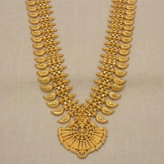 Traditional South Indian Bridal Mango Long Chain Haram, gold-plated necklace for brides, elegant festive jewelry.