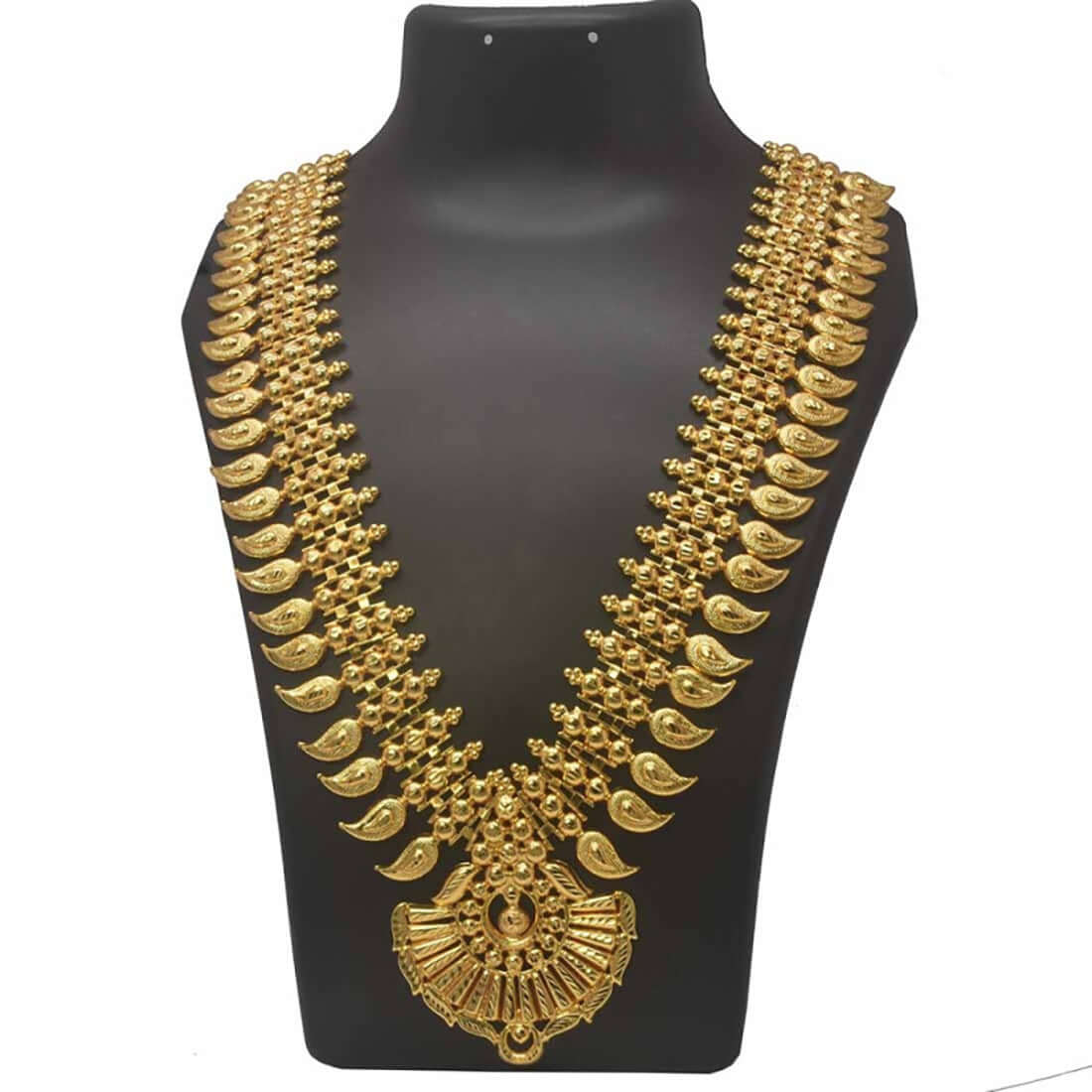 Traditional South Indian Bridal Mango Long Chain Haram displayed on a bust, showcasing intricate gold-plated design.