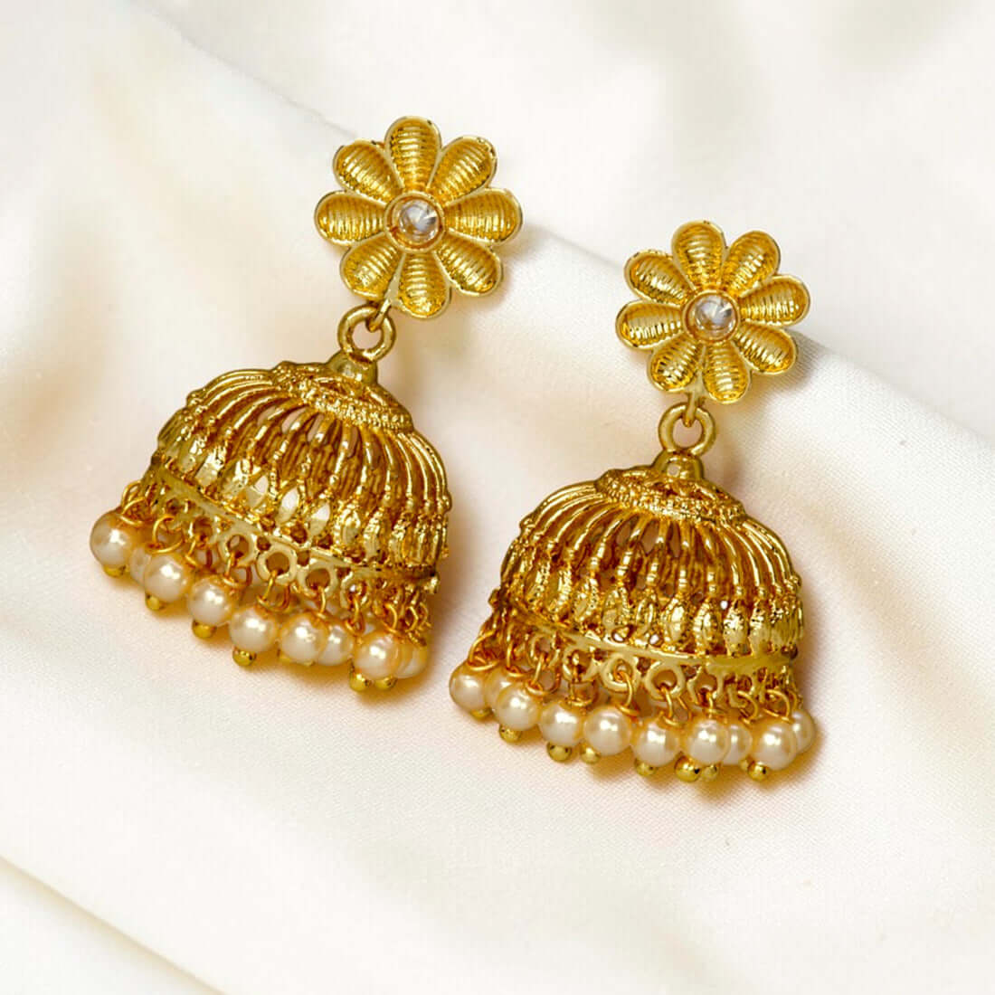 Trendy Gold Plated Pearl Hanging Floral Jhumka