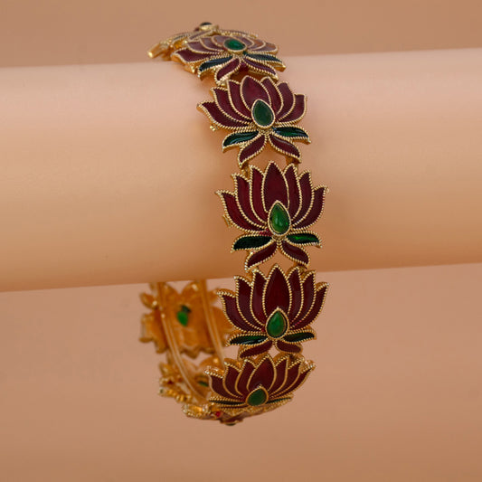 Trendy Matte Gold Plated Stone Studded Lotus Bangle