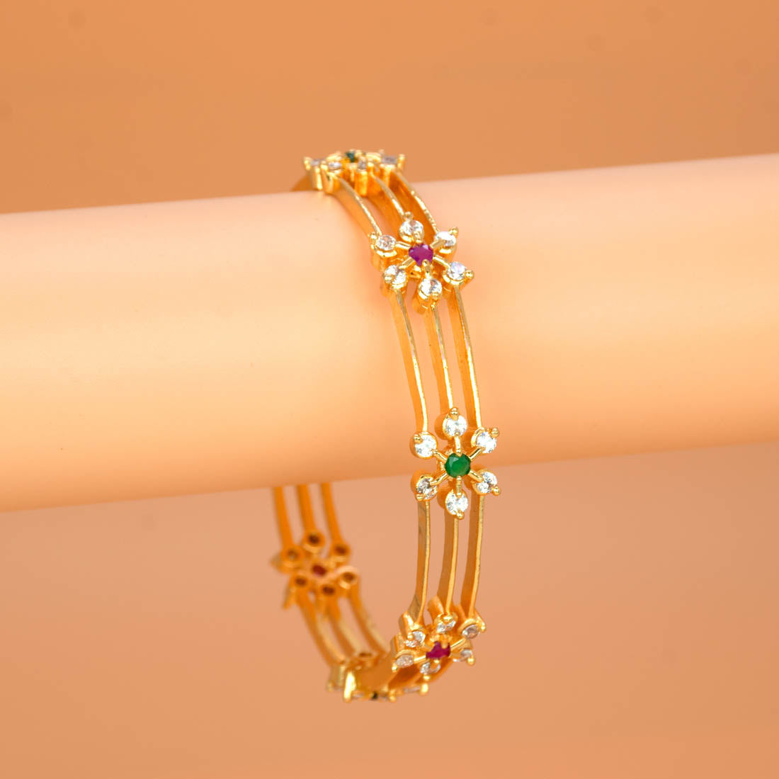 Trendy Gold Plated Floral Stones Thin Layer Bangle