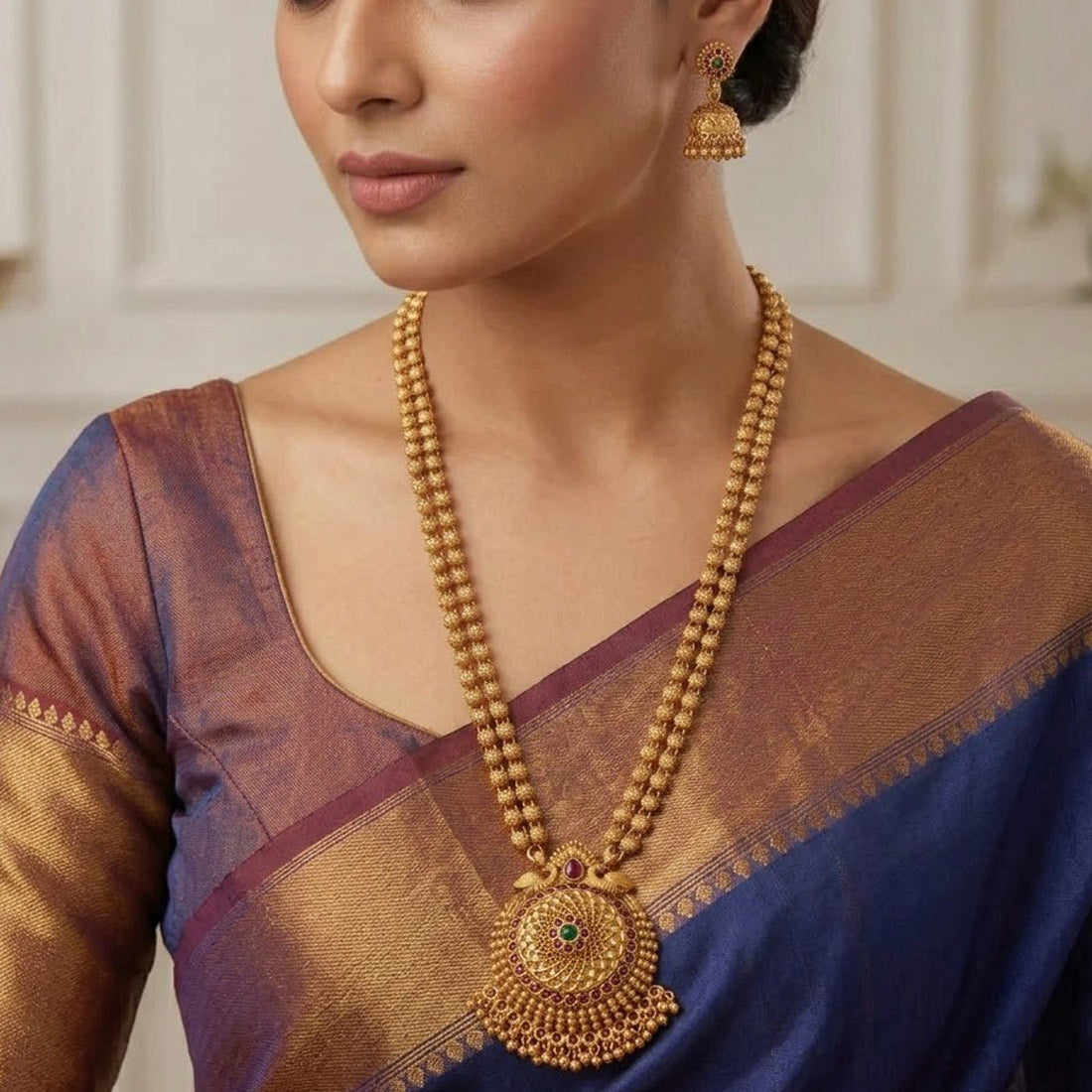 ആന്റിക് ഗോൾഡ് പ്ലേറ്റഡ് മാമ്പഴം മയിൽ വധുവിന്റെ ആഭരണ സെറ്റ്