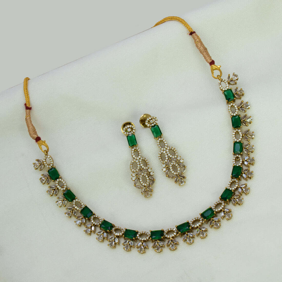 Victorian Antique Gold Finish CZ Necklace Set - Emerald- CZ