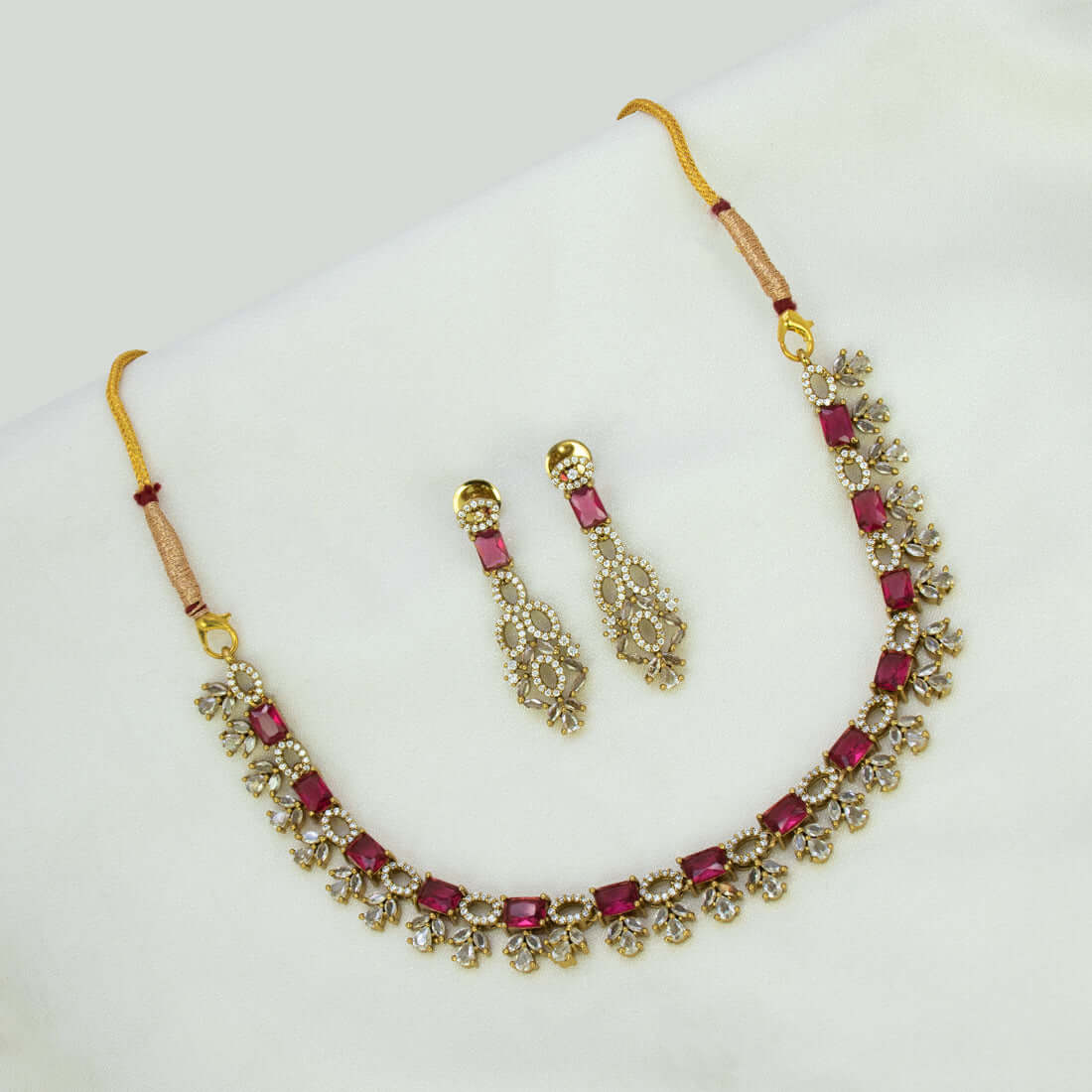 Victorian Antique Gold Finish Ruby-CZ Necklace Set