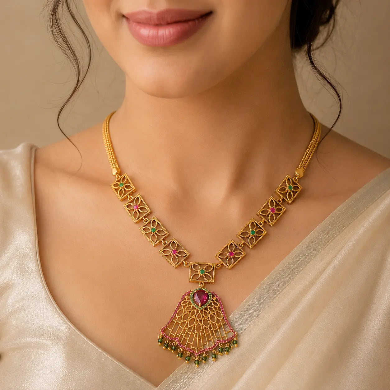 A close-up of a woman wearing a gold-toned traditional necklace with a fan-shaped pendant, decorated with pink and green stones.
