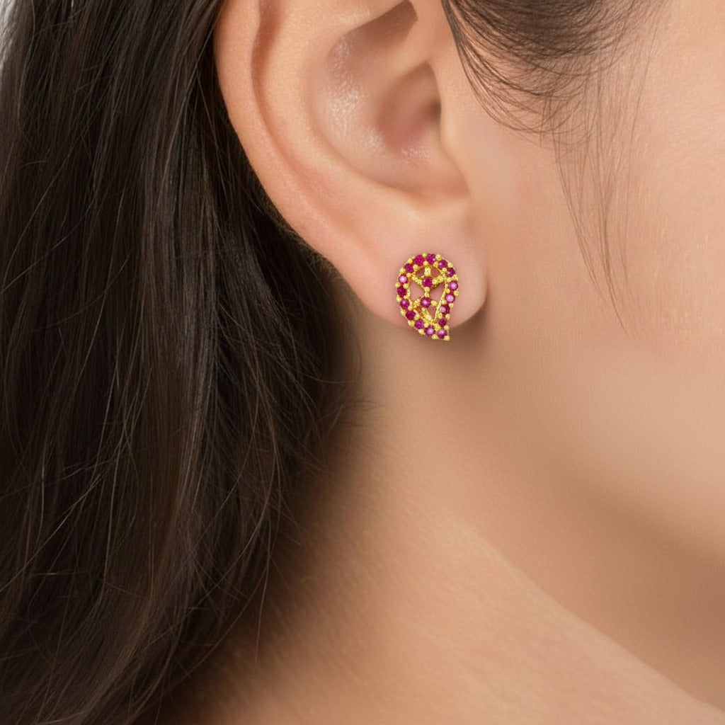 Stunning Gold Plated Ruby Stone Mango Paisley Ear Studs