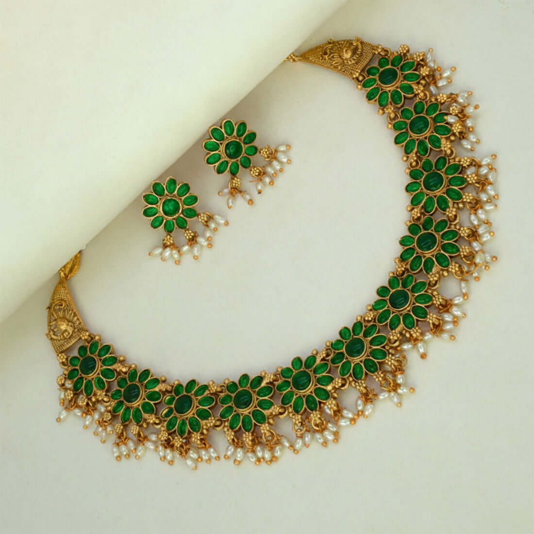 Antique Big Floral Kemp and Pearls Necklace Set - K Supreme