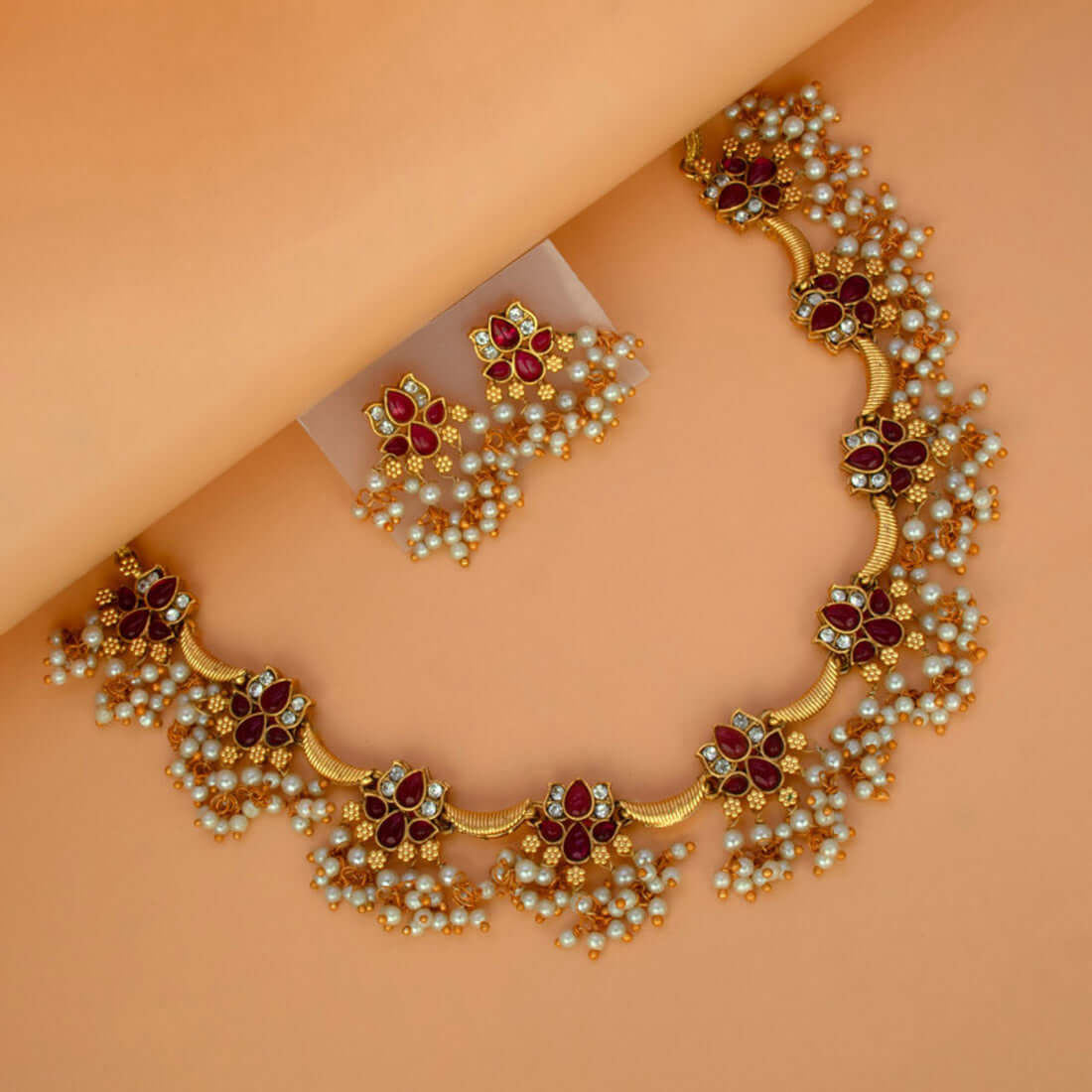 Antique Finish Artificial Stones Pearl Lotus Necklace Set - K Supreme