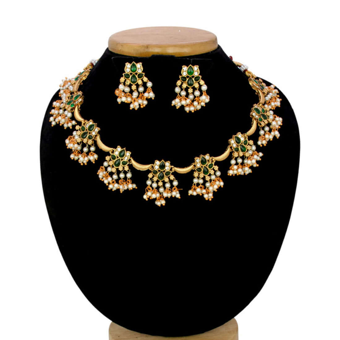 Antique Finish Artificial Stones Pearl Lotus Necklace Set - K Supreme