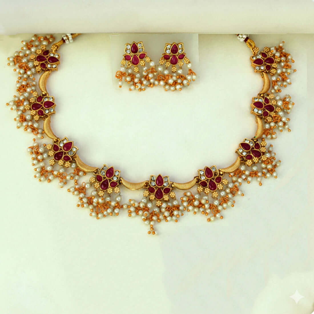 Antique Finish Artificial Stones Pearl Lotus Necklace Set - K Supreme
