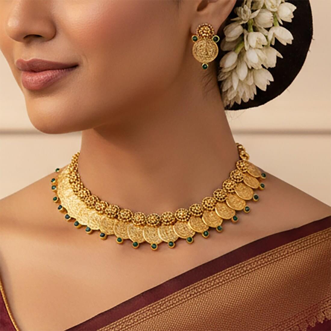Antique Floral Design Lakshmi Coin Necklace Set - K Supreme