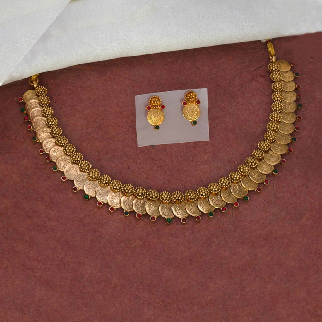Antique Floral Design Lakshmi Coin Necklace Set - K Supreme