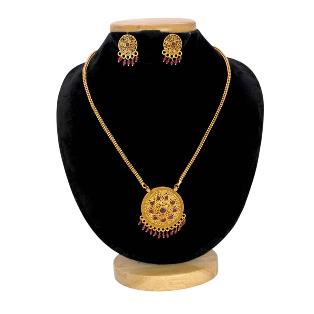 Antique Gold Plated Floral Stone Pendant Necklace Set - K Supreme
