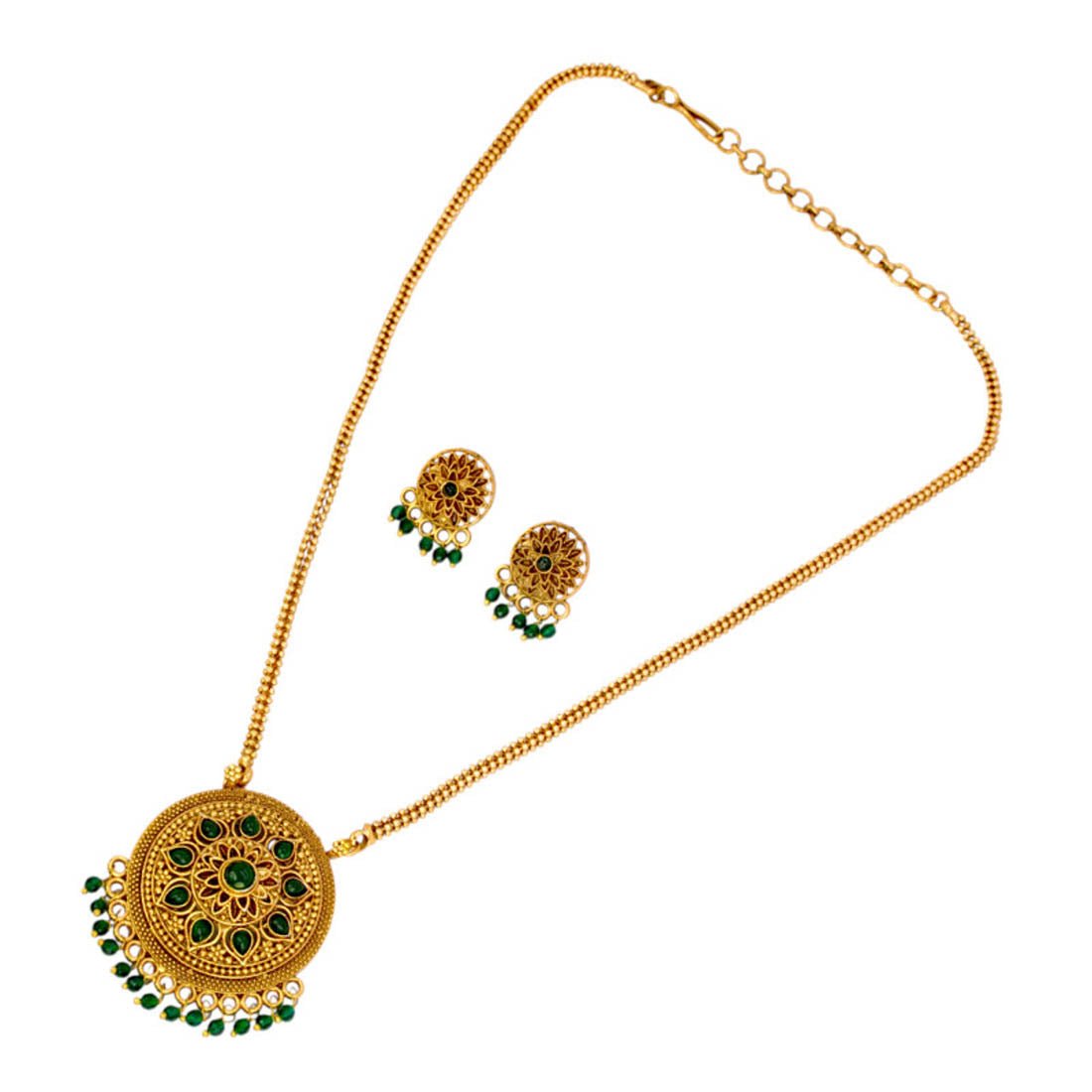 Antique Gold Plated Floral Stone Pendant Necklace Set - K Supreme