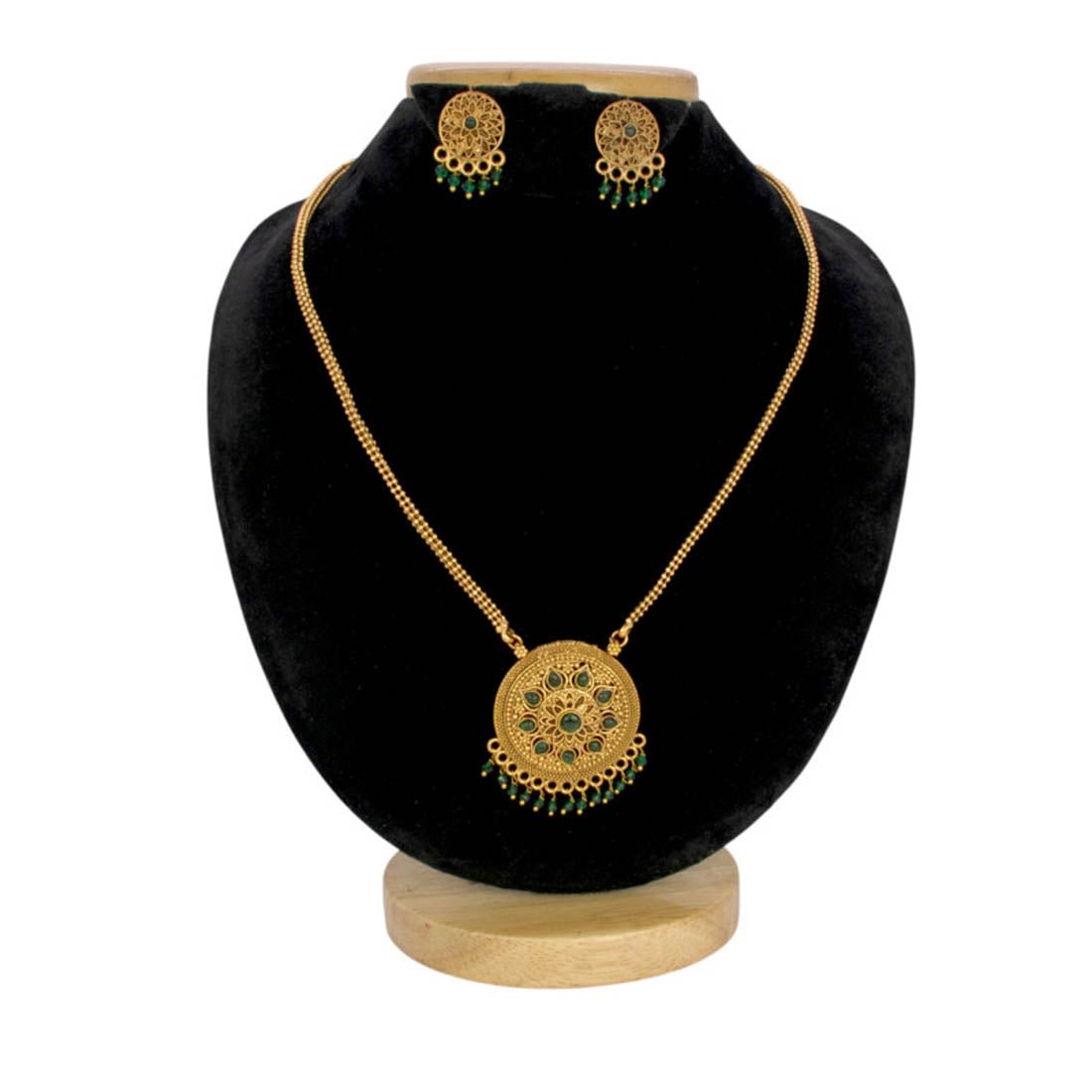 Antique Gold Plated Floral Stone Pendant Necklace Set - K Supreme