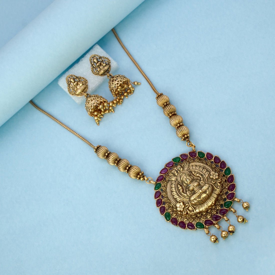 Antique Gold Plated Kemp Stones Lakshmi Pendant Necklace Set - K Supreme