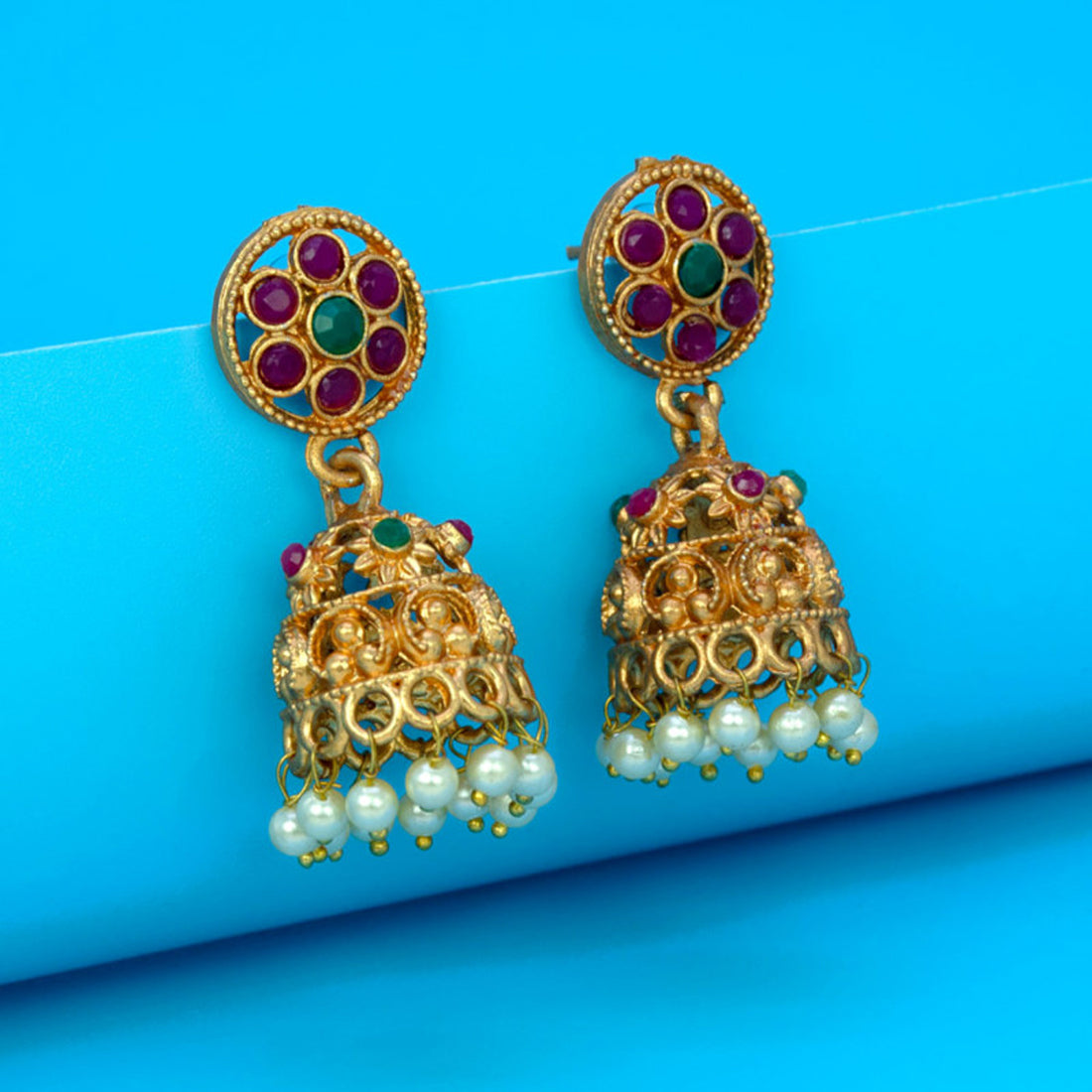 Antique Gold Plated Matte Floral Ruby Emerald Jhumka