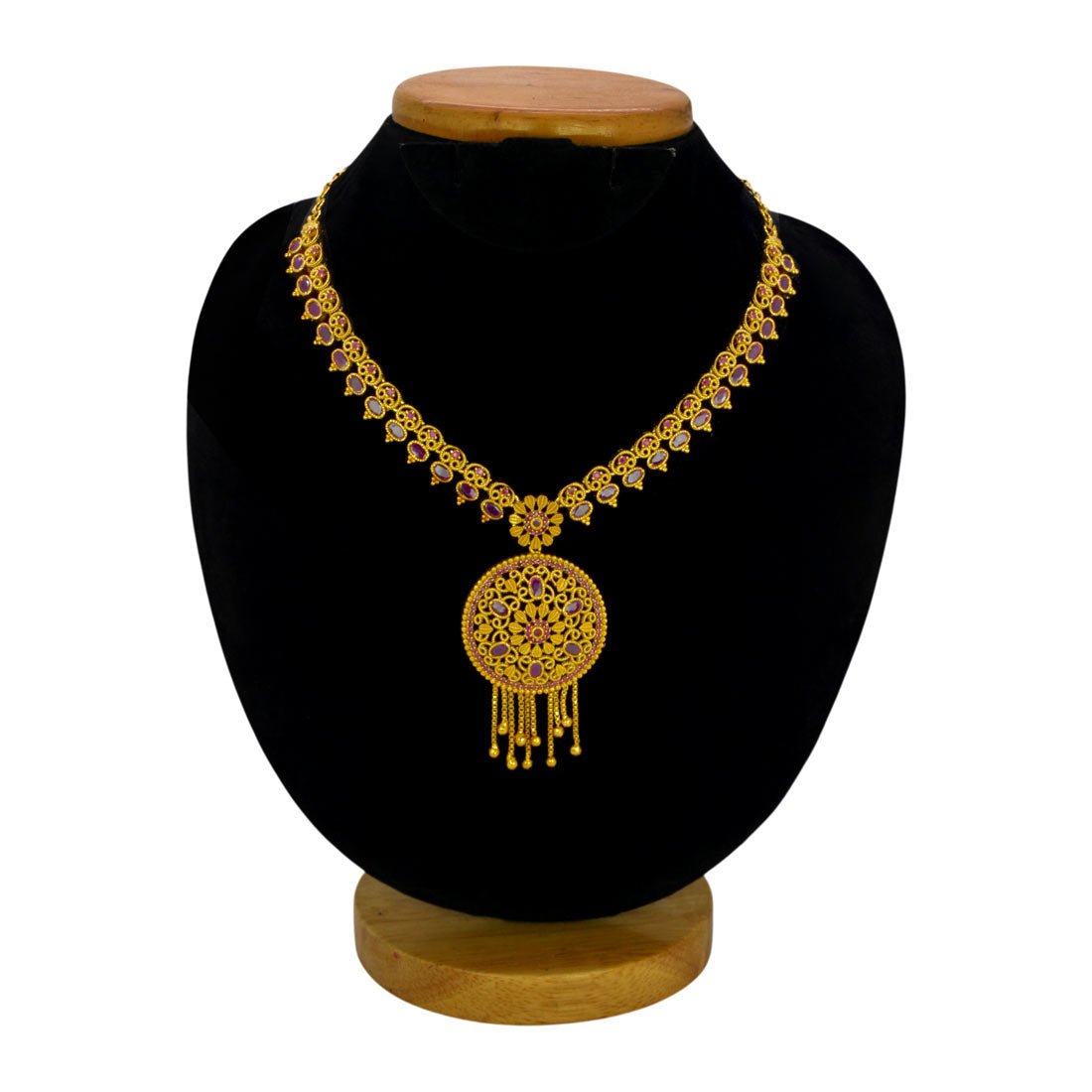 Antique Gold - Plated Ruby Circular Pendant Necklace - K Supreme