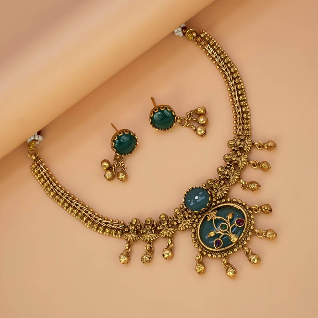 Antique Pastel Deep Sea Green Stone Lakshmi Necklace Set - K Supreme