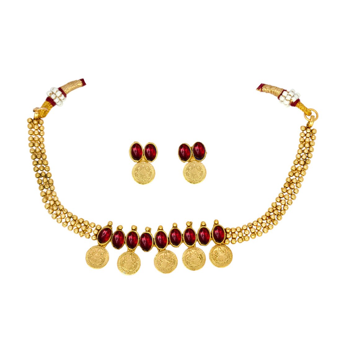 Antique Triple Layer Stone Lakshmi Kashu Necklace Set - KSupreme
