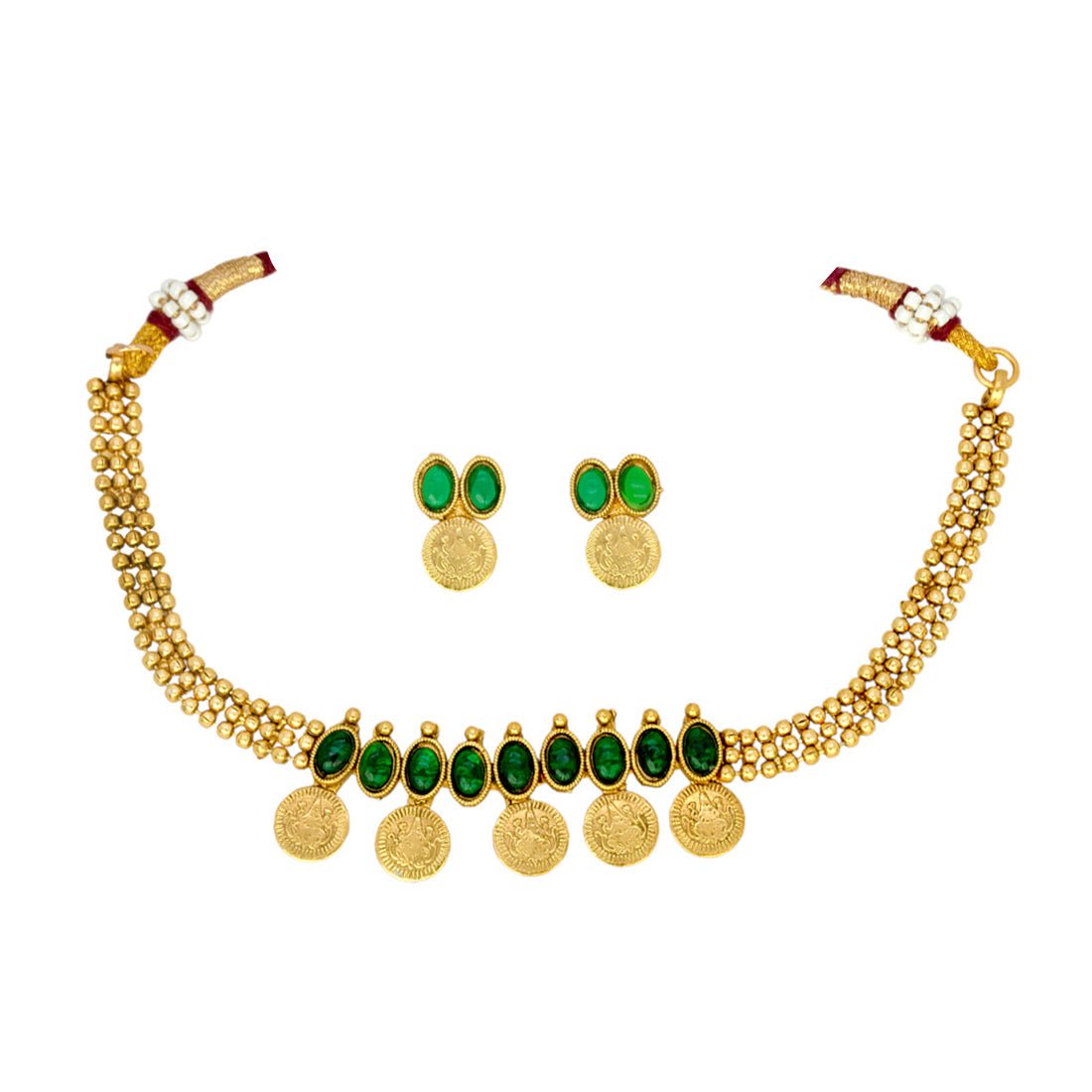 Antique Triple Layer Stone Lakshmi Kashu Necklace Set - KSupreme