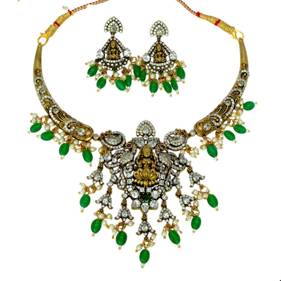 Antique Victorian Style Lakshmi CZ Stone Hasli Necklace Set - KSupreme