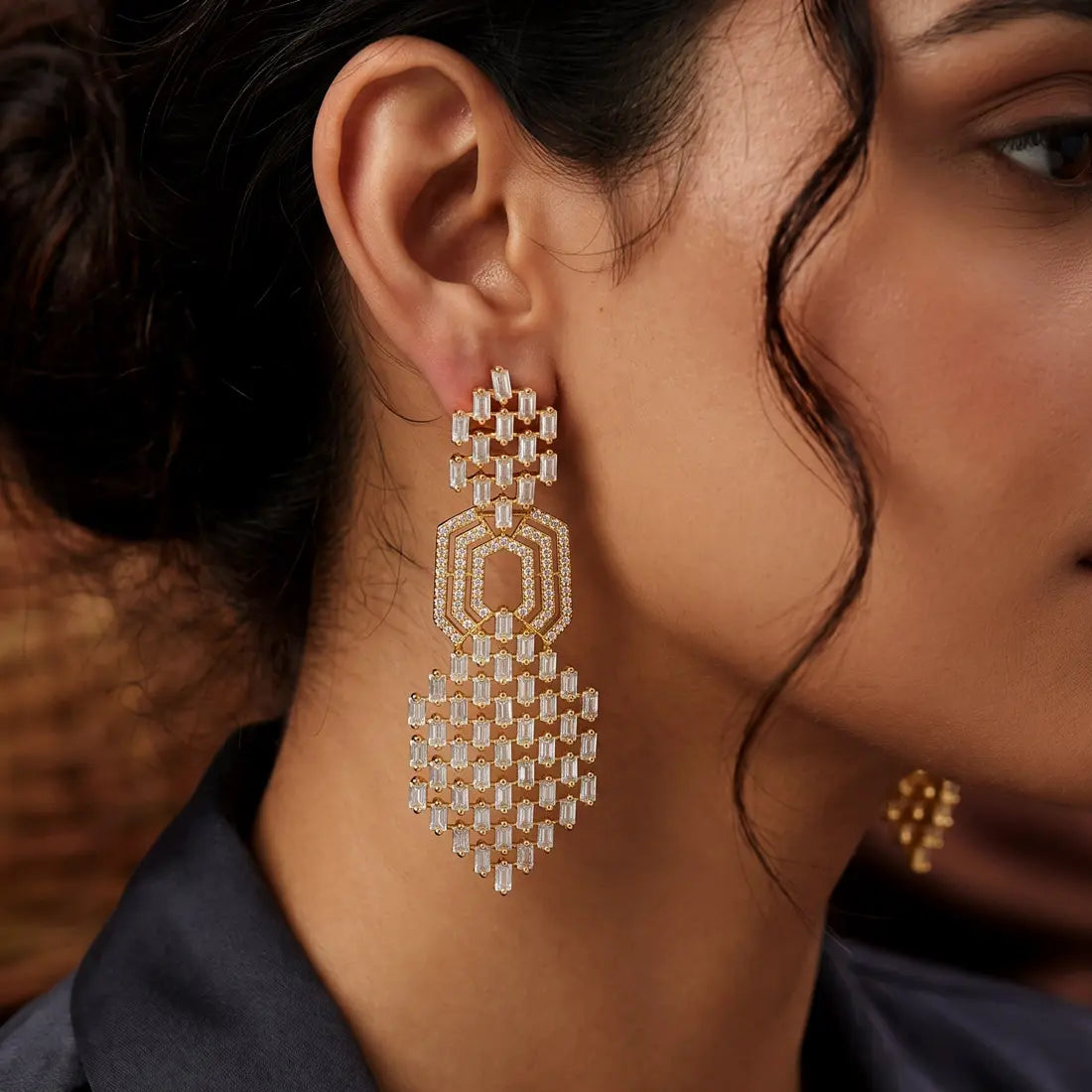 Beautiful Big Cz Baguette Cut Stone Barfi Drop Earrings
